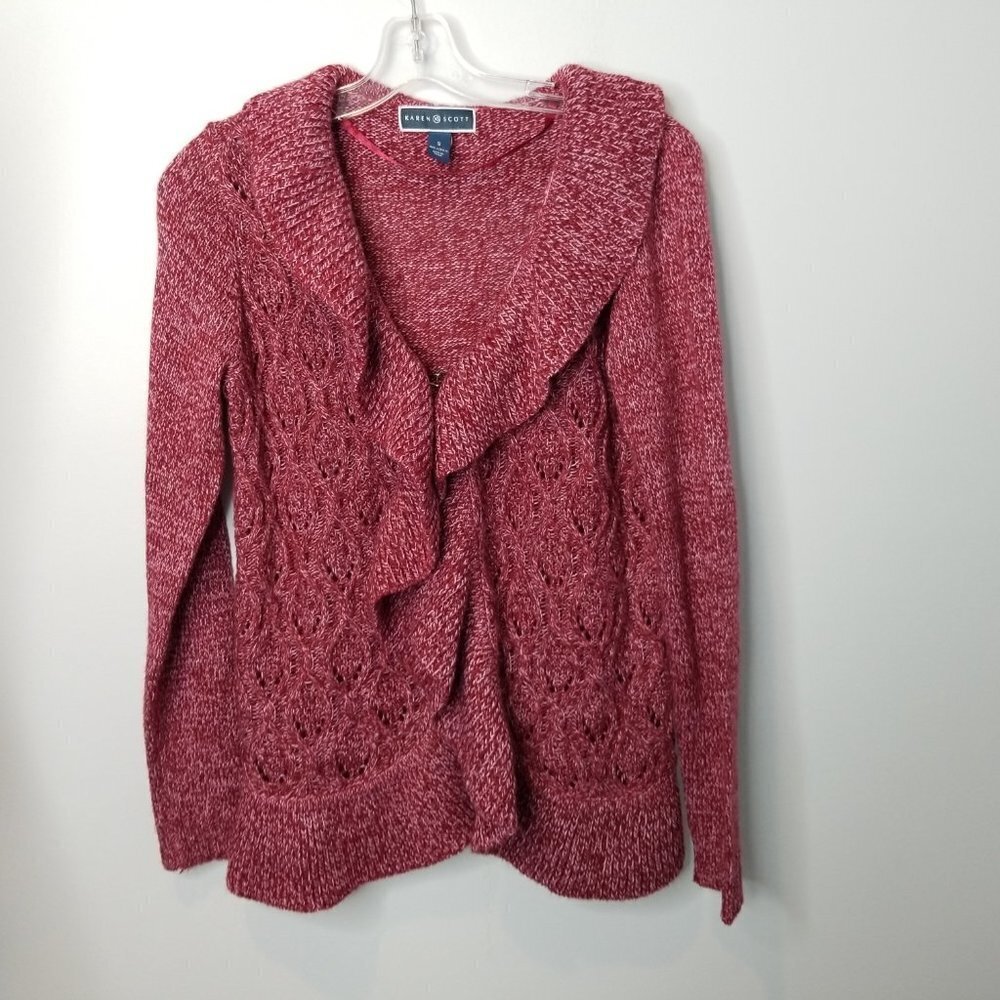 Karen Scott Burgundy Ruffle Peplum Cardigan Sweater Size Small
